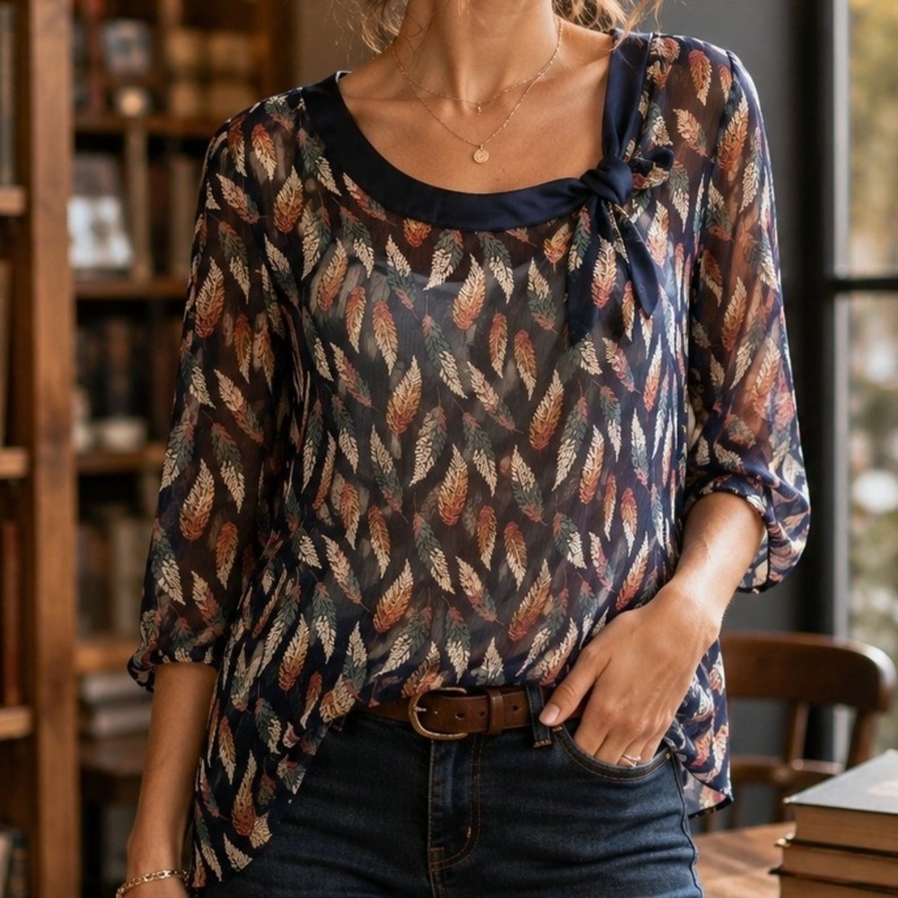 I♡Ronson Womens Sheer Feather Print Blouse Navy Chiffon Tie Neck Top Size S